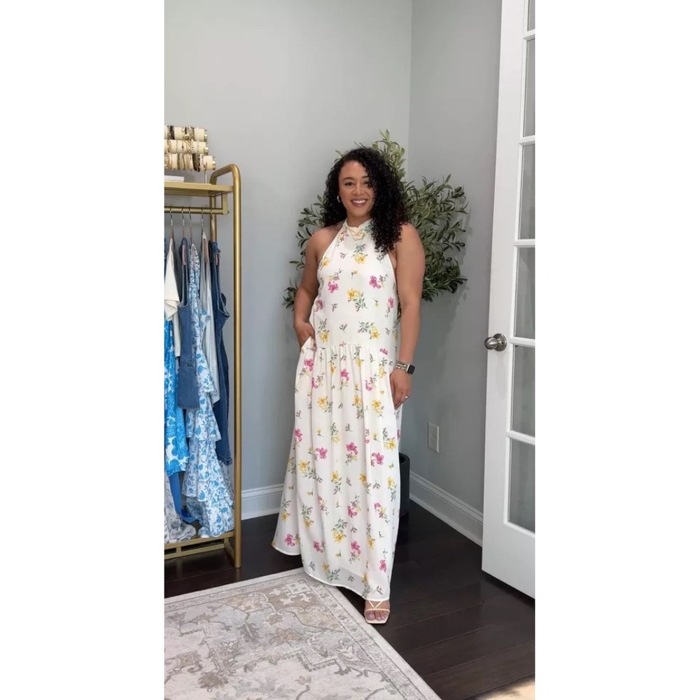 Universal thread halter high neck floral dress‎ size medium pink cream yellow